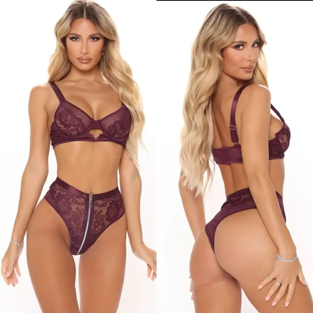 NWT Fashion Nova See You In The Bedroom Lace Zipper 2 Piece Set - Eggplant